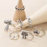 Set Of 7 Vintage Goth Mushroom Rings For Women, Mushroom Heart Leaves Rings, Stackable Finger Rings, Midi Rings For Women Fashion Jewellery