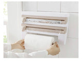 3 In 1 Multifunctional Kitchen Roll Holder, Cling Film Wall Mounted Paper Holder Shelf, Triple Food Wrap Dispenser, Kitchen Roll Holder With Spice Rack and Slide Cutter, Multifunctional Cling Film Cutter