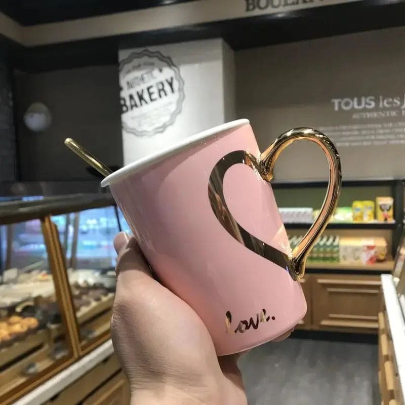 Heart Pattern Ceramic Mug Set, Love Sign Ceramic Couple Mug Set, Love Heart Mug, Couple Cup Ceramic Mugs, Creative Mug With Lid And Spoon, Luxury Marble Ceramic Coffee Cups