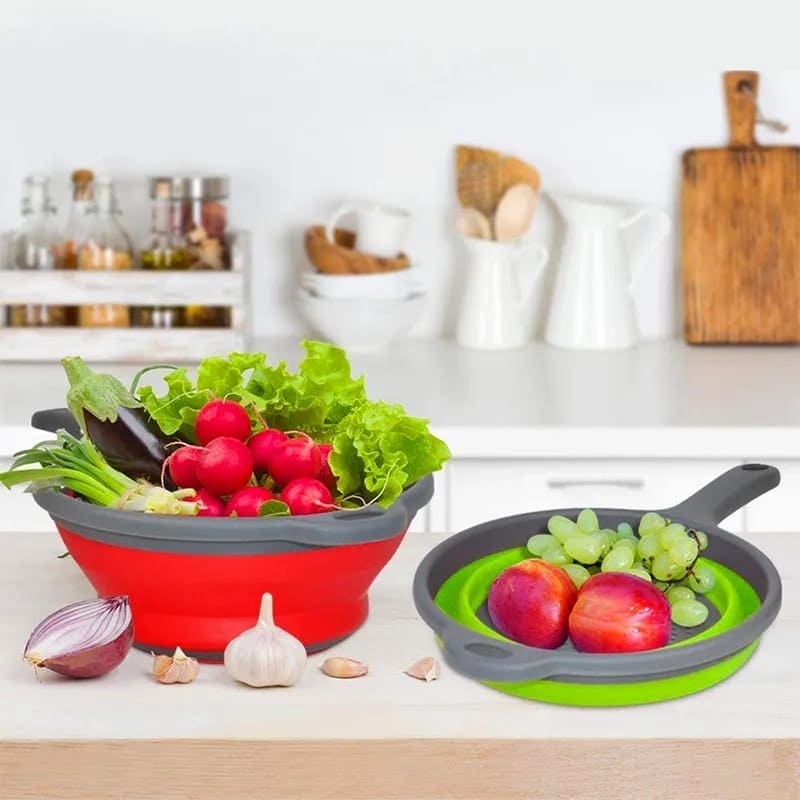 Foldable Colander Basket, Folding Vegetable Fruit Washing Basket Drain Strainer, Extendable Kitchen Colander Strainer With Handle, Round Kitchen Strainer for Draining, Over The Sink Vegetable/Fruit Flexible Strainer,  Folding Heat Resistant Colander