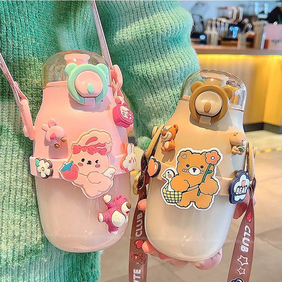 Animated Water Bottle, Summer Water Bottle For Kids, Cute Plastic Kid Water Cup, Water Bottle with Shoulder Strap, Cute Insulated Water Bottles, Portable Kid Drink Mug, Plastic Outdoor School Drink Water Cup, Cute Water Bottles with 3D Stickers