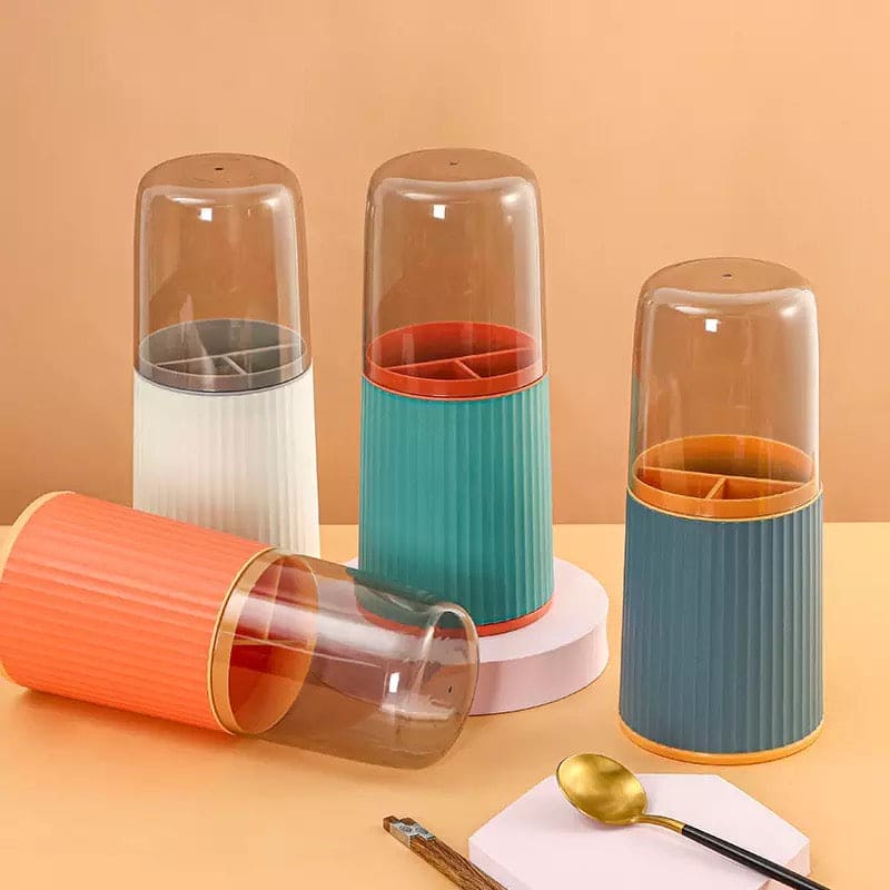 3 Grid Tableware Drying Holder With Lid, Kitchen Cutlery Storage Rack, Chopsticks Spoon Rack, Standing Plastic Storage Container