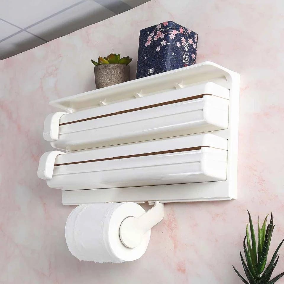 3 In 1 Multifunctional Kitchen Roll Holder, Cling Film Wall Mounted Paper Holder Shelf, Triple Food Wrap Dispenser, Kitchen Roll Holder With Spice Rack and Slide Cutter, Multifunctional Cling Film Cutter