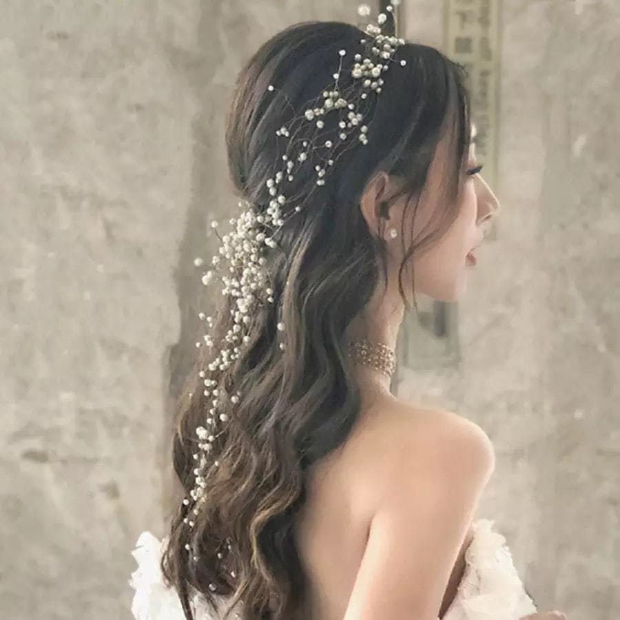 Pearl Hair Chain For Women, Girl Tassel  Flower Tiara Headband Ponytail, Bridal Wedding Tiaras Hand Beaded Long Wreaths Hair Bands, Headdress Mori Pearl Hair Band, Wedding Accessories