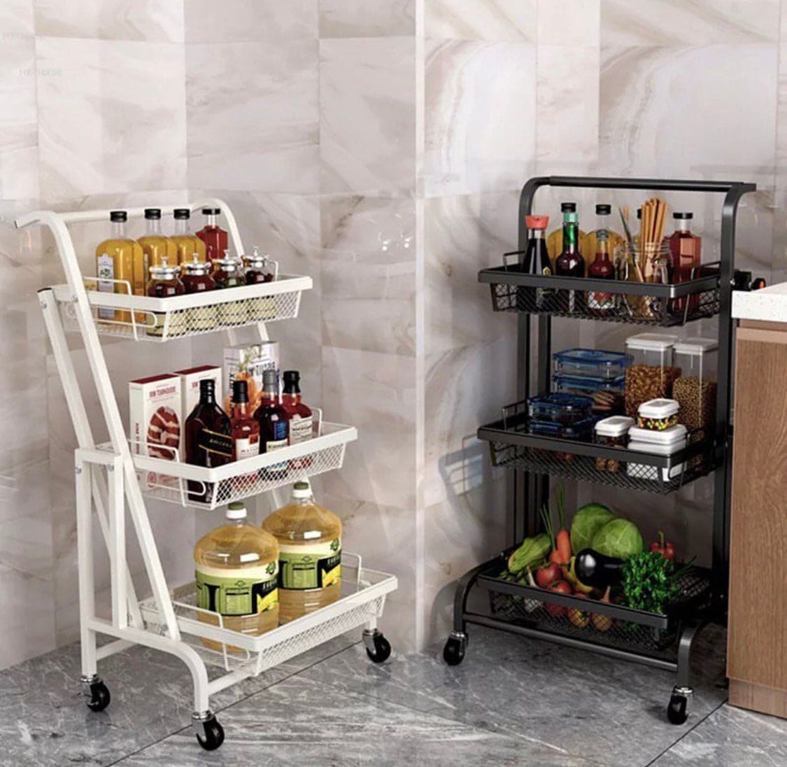 Kitchen Folding Floor Trolley, Mobile Multilayer Snack Draining Storage Rack, 180 Degree Extension Parallel Trolley