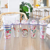 Creative Unicorn Plastic Cup With Lid And Straws, BPA Double Layer Cup, Cartoon Large Capacity Micro Landscape Cup
