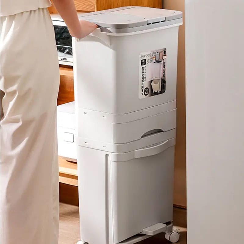 3 Layer Trash Bin, Kitchen Gargabe Can, Recyclable Vertical Trash Cabinet,  Household Waste Bin With Wheels, Large Plastic Cube Storage Bins Basket With Lid, Household Classification Bucket, 42L Three-layer Kitchen Separation Trash Can