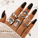 Set Of 7 Vintage Goth Mushroom Rings For Women, Mushroom Heart Leaves Rings, Stackable Finger Rings, Midi Rings For Women Fashion Jewellery