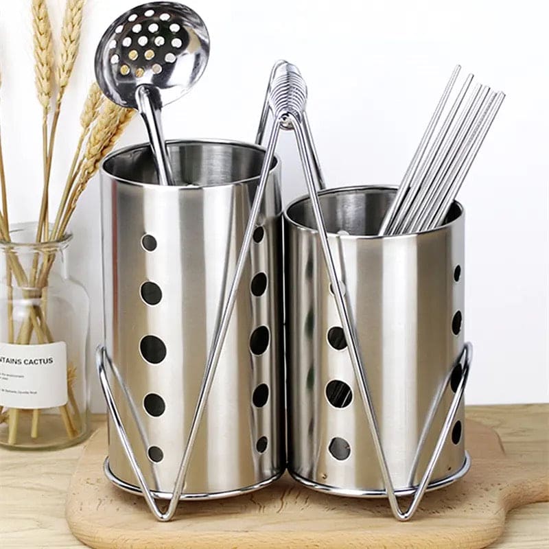 Double Cutlery Drain Rack, Double Handle Chopstick Spoon Rack, Stainless Steel Kitchen Cutlery Box, Spoons Forks Knife Utensils Organizer, Kitchen Storage Tube Barrel Tableware Rack, Caddy Cutlery Utensil Holder