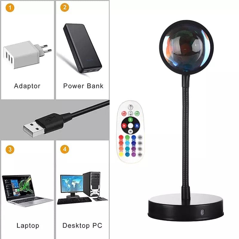 15 in 1 Rainbow Sunset Lamp, Led Projector Night Light, Rgb Controllable 360° Rotated Romantic Visual, Almunium Lens Sunset Projection Lamp, Wall Decoration USB Operate Rainbow Sunset Projector Lamp