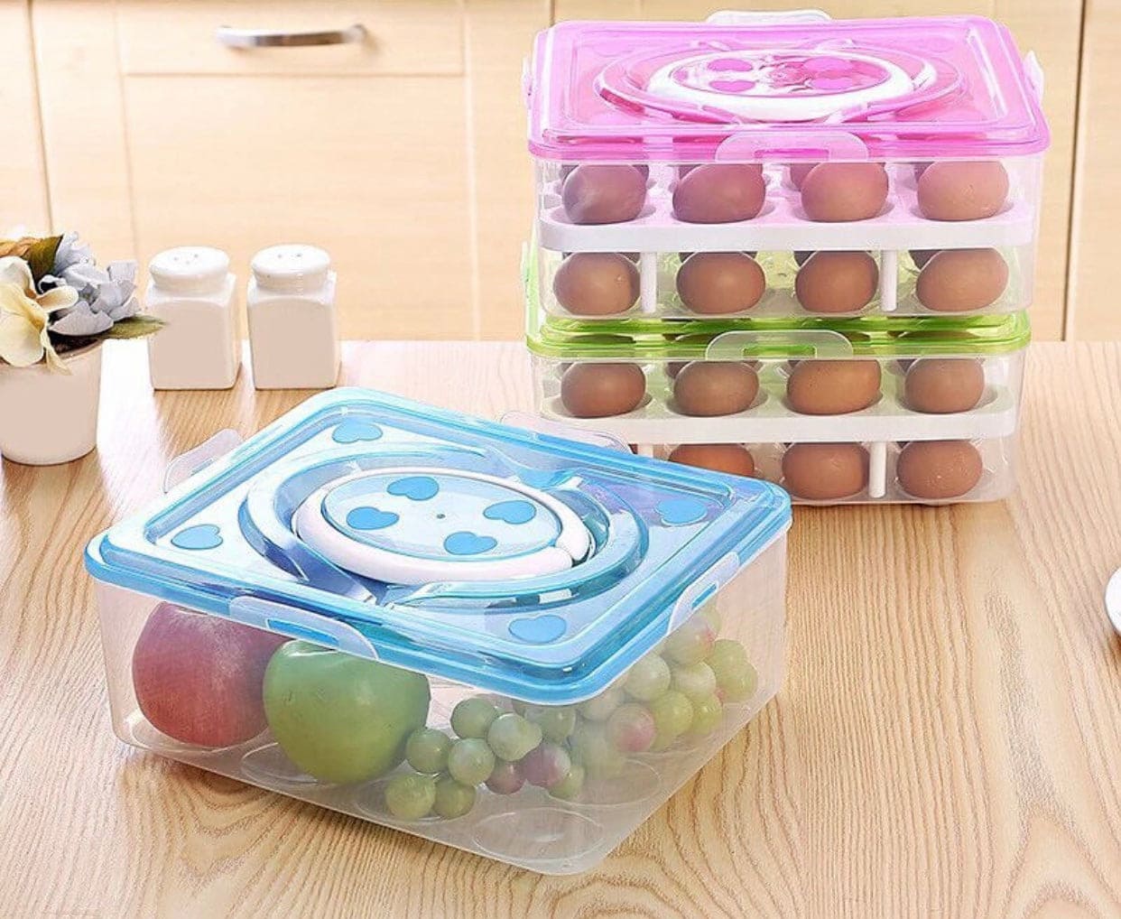 Portable Egg Storage Box, Visible Egg Tray Case, 2 Layers 32 Cells Eggs Storage Box with Lid & Handle