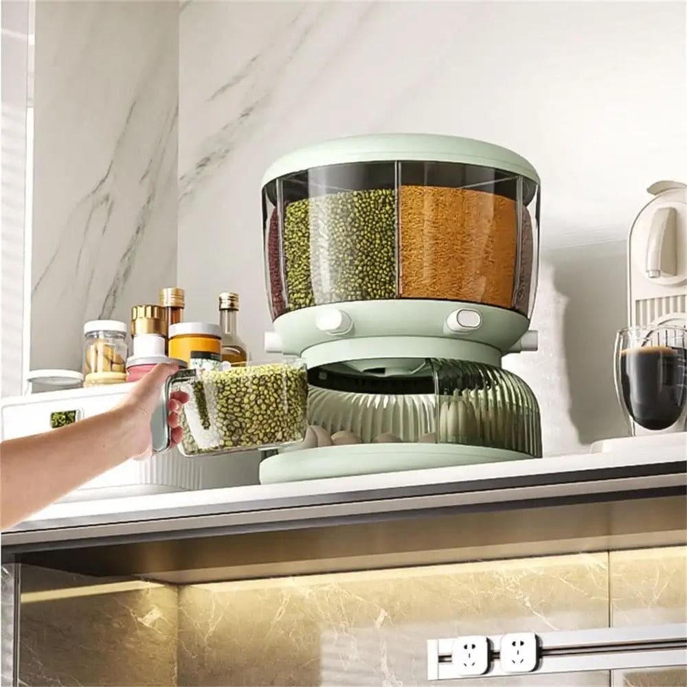 Cereal Divider Bucket, Multipurpose Rotating Kitchen Storage Box, 6 Grid 360° Rotating Grain Rice Dispenser,  Sealed Cereal Dispenser Rice Tank, Dry Food Rotating 6 Storage Container With Egg Groove Shelf, Multi Grid Food Storage Container For Kitchen
