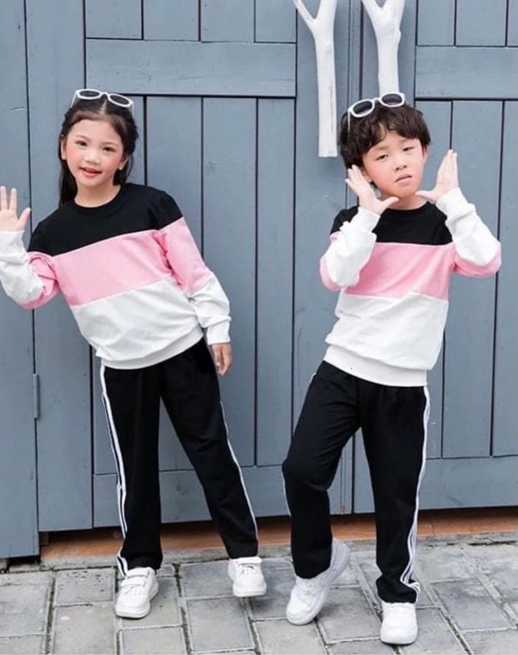 1 Pair Children Cool Tracksuit, Girl Boy Autumn Clothes Set, Contrast Color Long Sleeve Round Neck Sweatshirt + Elastic Waist Trousers