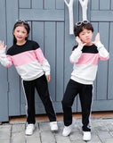 1 Pair Children Cool Tracksuit, Girl Boy Autumn Clothes Set, Contrast Color Long Sleeve Round Neck Sweatshirt + Elastic Waist Trousers