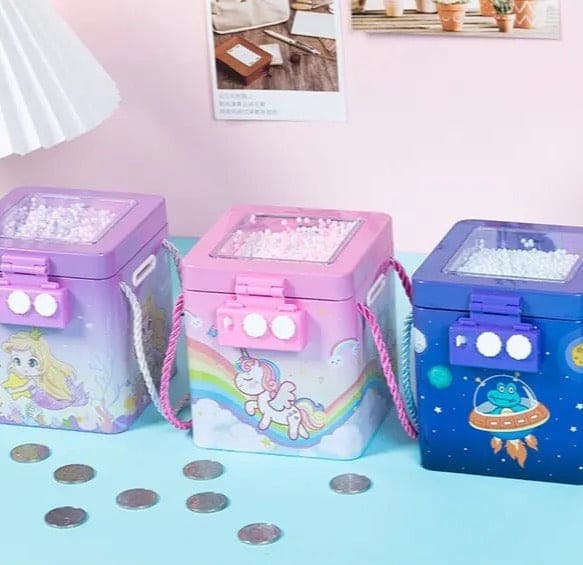 Cute Tinplate Square Piggy Bank, New Unicorn Tinplate Hand Rope Square Password Lock Piggy Bank, Piggy Bank Children Banks Cash Box Lock, Metal Piggy Bank with Password Number Lock, Metal Money Bank for Kids