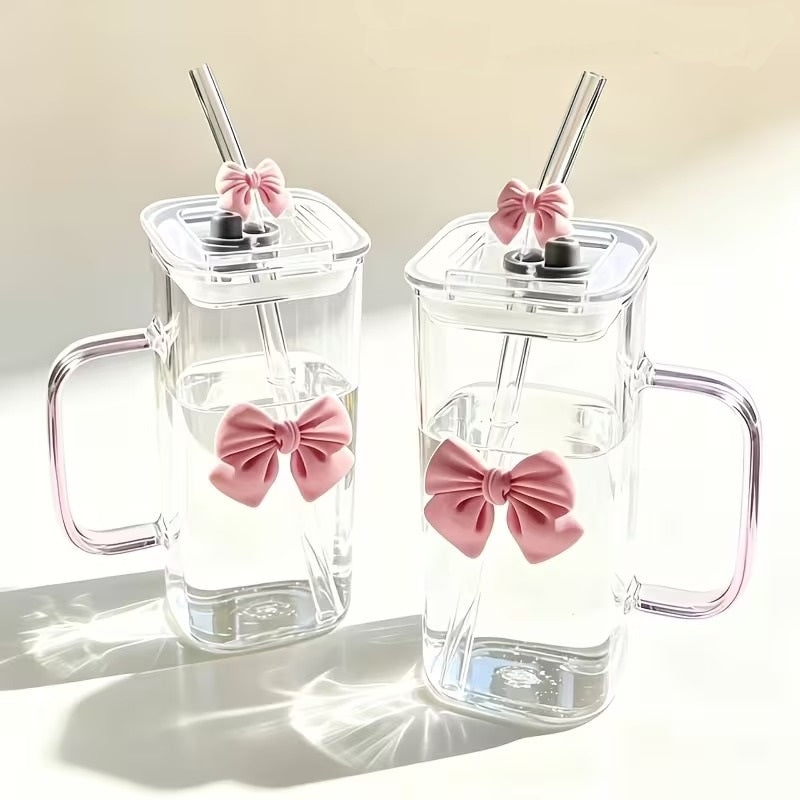 Pink Bow Square Glass Cup with Straw