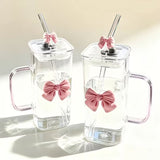 Pink Bow Square Glass Cup with Straw