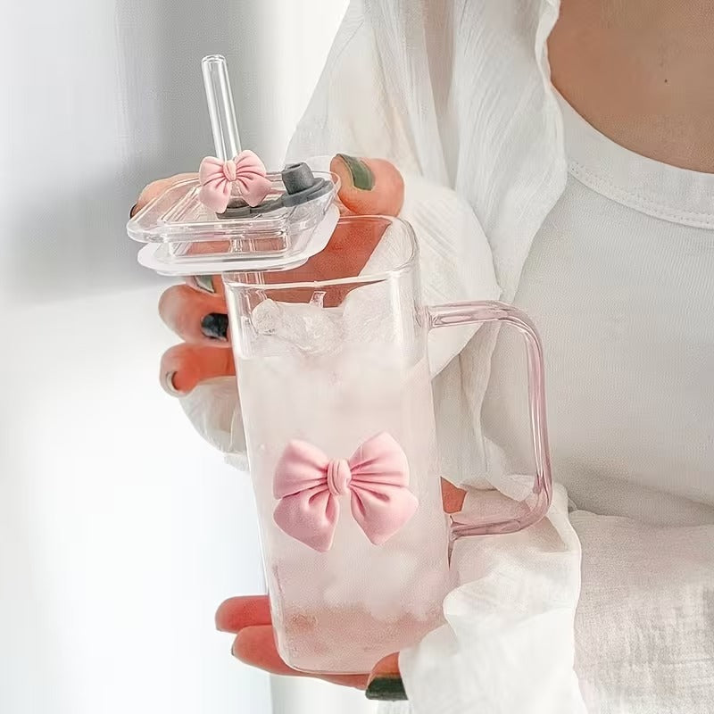 Pink Bow Square Glass Cup with Straw