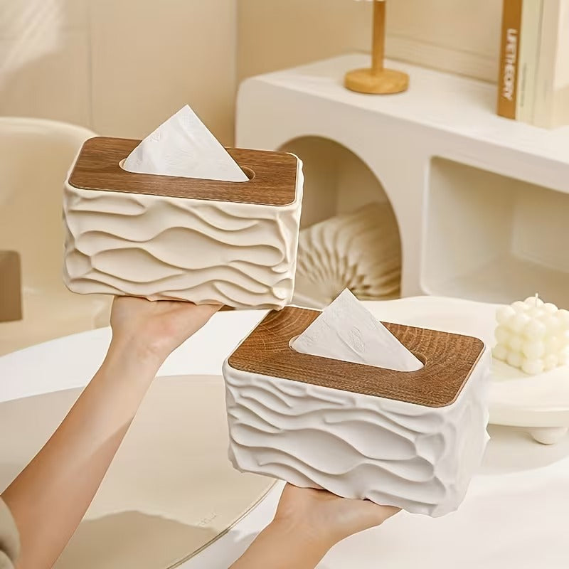 1pc Rectangular Tissue Box Cover, Minimalist Wave Pattern Design With Natural Wooden Lid, Perfect For Bathroom, Kitchen, Living Room, Bedroom Tissue Storage Box