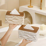 1pc Rectangular Tissue Box Cover, Minimalist Wave Pattern Design With Natural Wooden Lid, Perfect For Bathroom, Kitchen, Living Room, Bedroom Tissue Storage Box