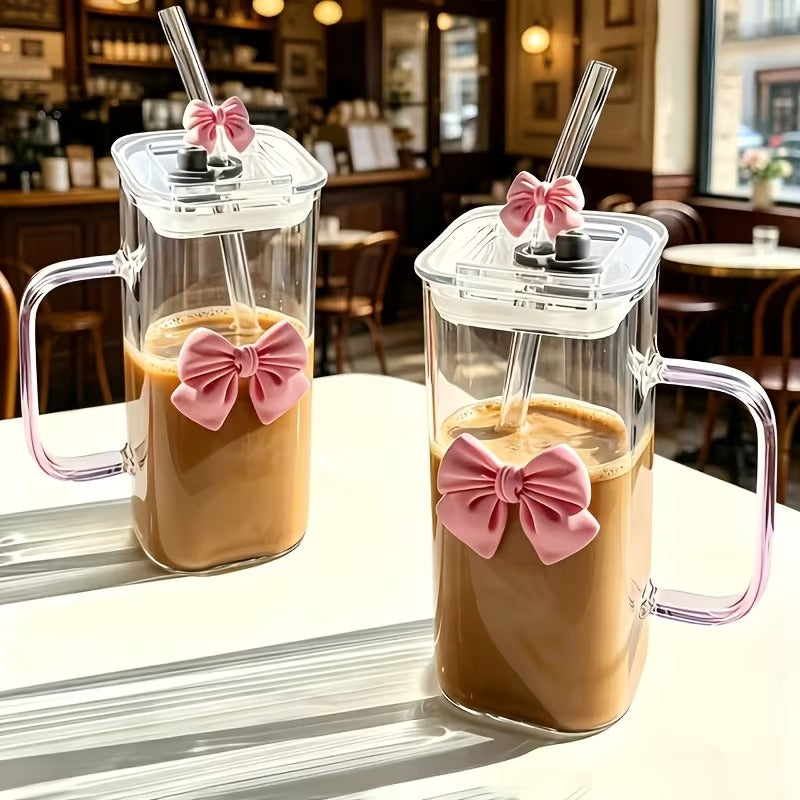 Pink Bow Square Glass Cup with Straw