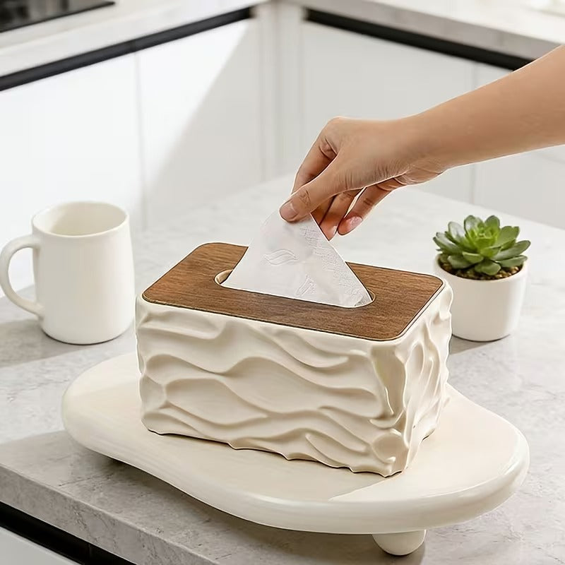 1pc Rectangular Tissue Box Cover, Minimalist Wave Pattern Design With Natural Wooden Lid, Perfect For Bathroom, Kitchen, Living Room, Bedroom Tissue Storage Box