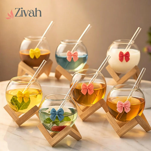 Glasslux Bow Mug With Straw Along Bamboo Base Stand