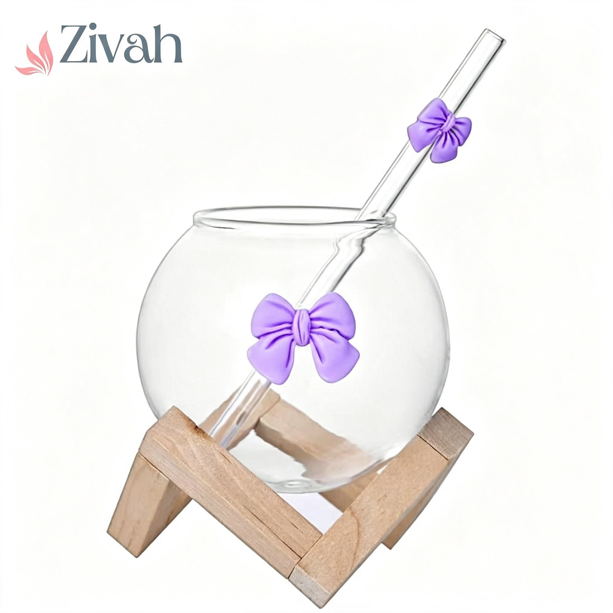 Glasslux Bow Mug With Straw Along Bamboo Base Stand