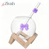 Glasslux Bow Mug With Straw Along Bamboo Base Stand