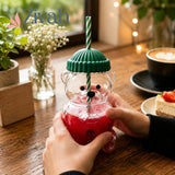 Bear Shape Glass Cup With Straw, Bear Shape Beverage Cup, Bear Smoothie Cup With Straw, Bear Drinking Cup With Lid And Straw