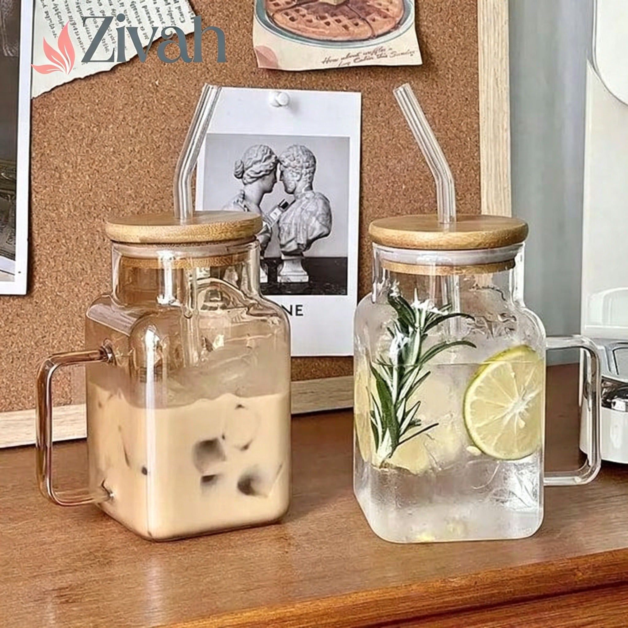 Elegant Square Glass Smoothie Cup With Handle & Straw