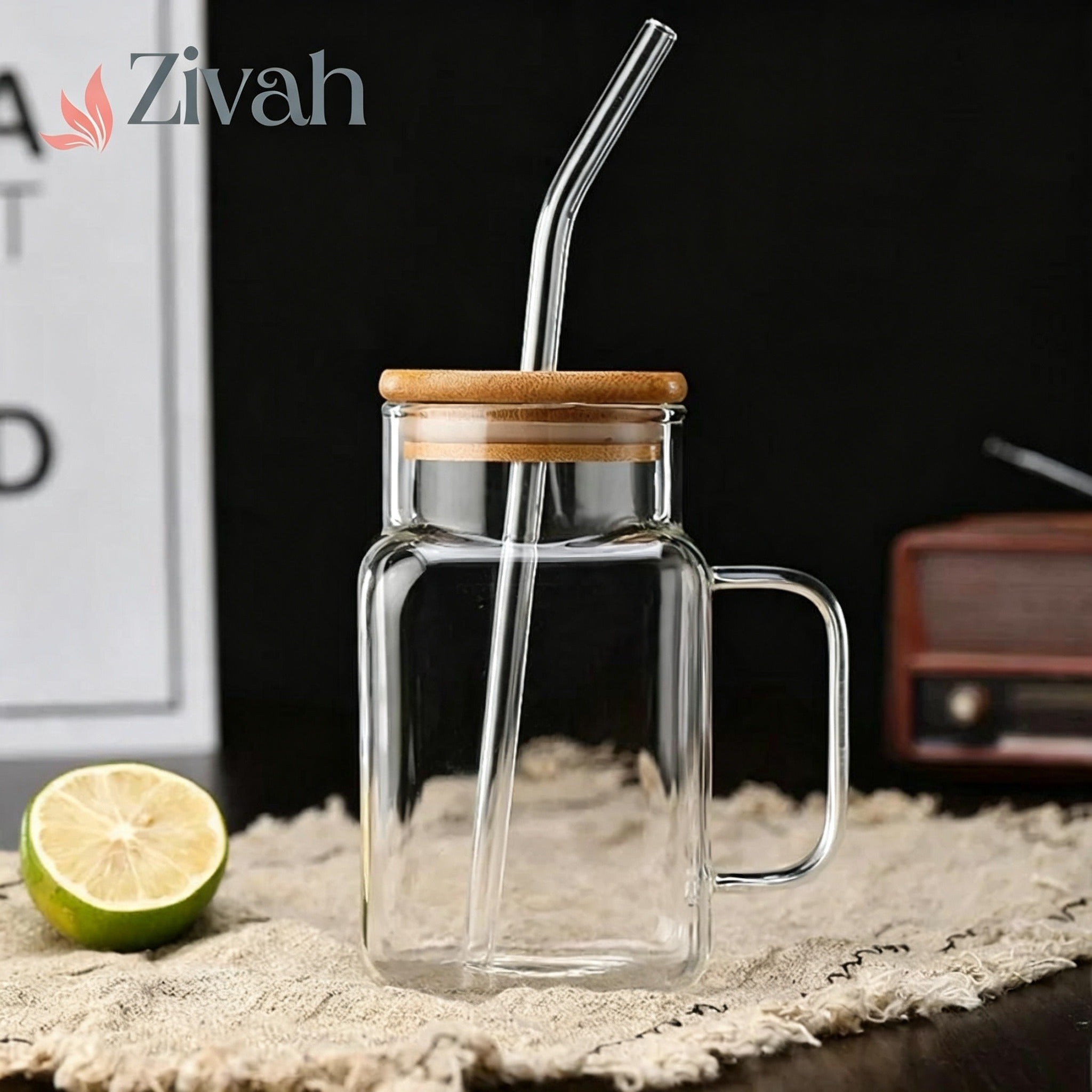 Elegant Square Glass Smoothie Cup With Handle & Straw
