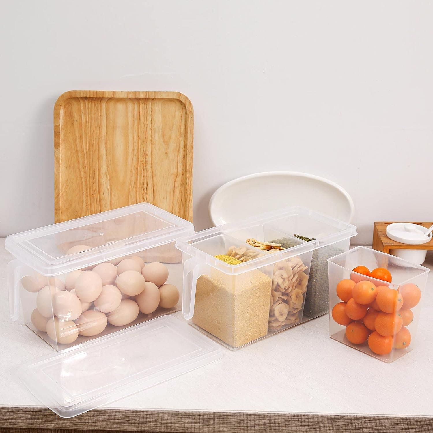 Transparent 3 Section Food Storage Box, Square Handle Food Storage Container, Plastic Divided Kitchen Organizer Bin, Multipurpose Fridge Storage Boxes with Lid and 3 Bins
