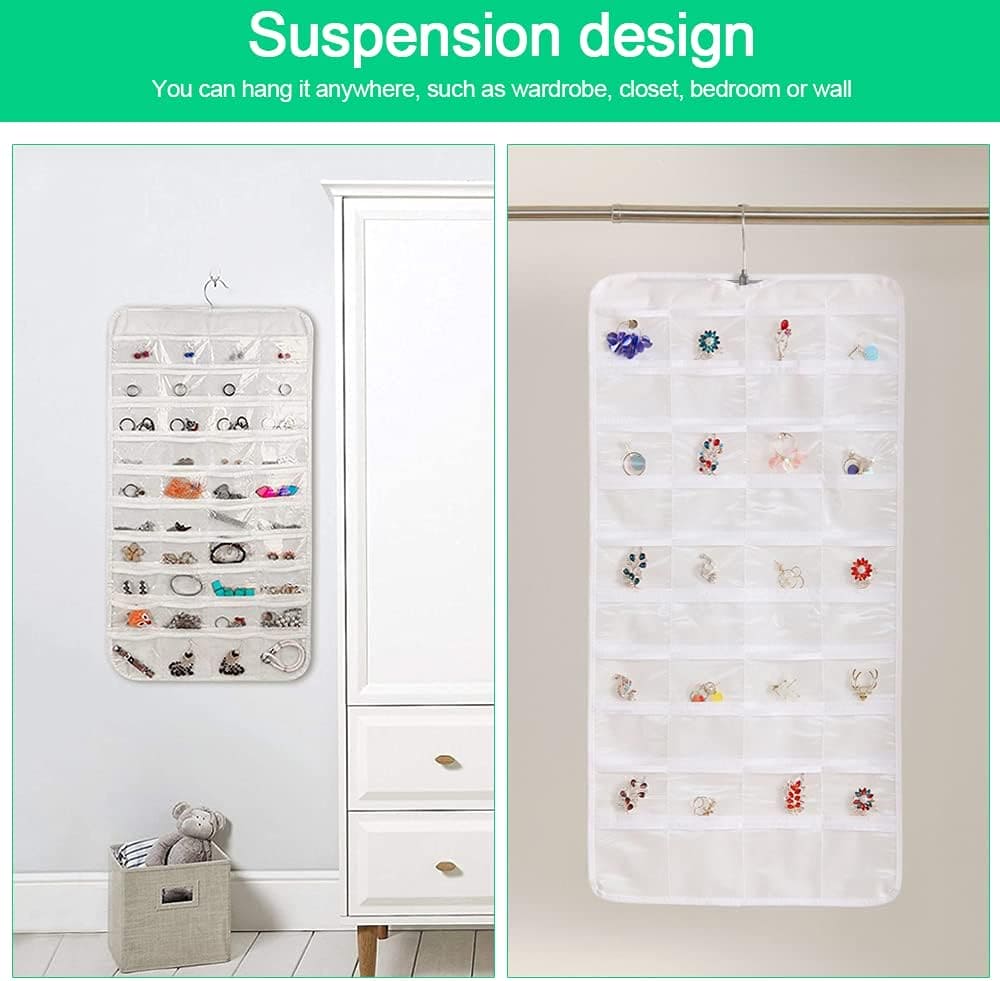 72 Pocket Hanging Organizer, Double Sided Hanging Display Storage Bag, Transparent Window Jewelry Bag, Dust-proof Foldable Bag, Multifunction Wardrobe Storage Holder Bag with Hook, Dual Sided Jewellery Carrier