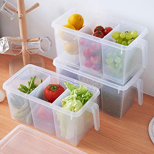 Transparent 3 Section Food Storage Box, Square Handle Food Storage Container, Plastic Divided Kitchen Organizer Bin, Multipurpose Fridge Storage Boxes with Lid and 3 Bins