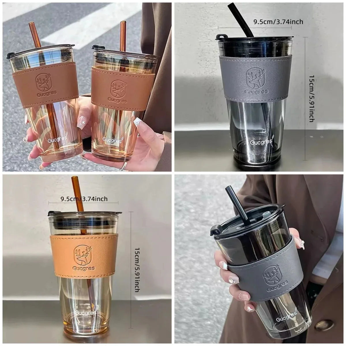 Leakproof 450ml Glass Cup with Straw | Stylish Leather Handle Tumbler for Coffee, Tea & Juice
