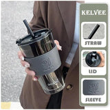 Leakproof 450ml Glass Cup with Straw | Stylish Leather Handle Tumbler for Coffee, Tea & Juice