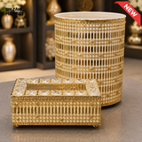LUXURY GOLD LATTICE TISSUE BOX AND WASTE BIN SET
