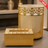 LUXURY GOLD METAL TISSUE BOX AND WASTE BIN SET