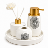 Luxury Floral Ceramic Bathroom Accessories Set with Tray | 4 Piece Bathroom Organizer Set