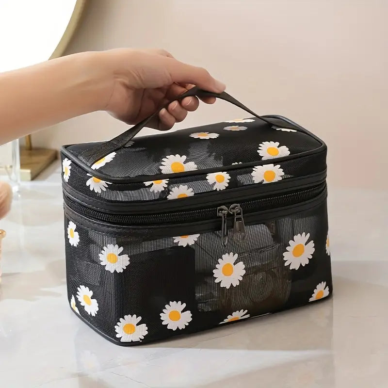 Set Of 2 Daisy Mesh Makeup Bag, Large Capacity Portable Travel Wash Bag, Cute Daisy Pattern Women Zipper Make Up Case, Multipurpose Hot Spring Mesh Bag, Wardrobe Suitcase Pouch