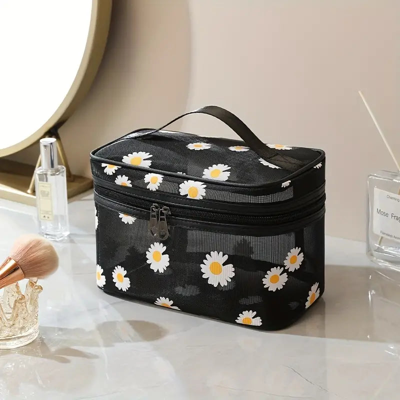 Set Of 2 Daisy Mesh Makeup Bag, Large Capacity Portable Travel Wash Bag, Cute Daisy Pattern Women Zipper Make Up Case, Multipurpose Hot Spring Mesh Bag, Wardrobe Suitcase Pouch