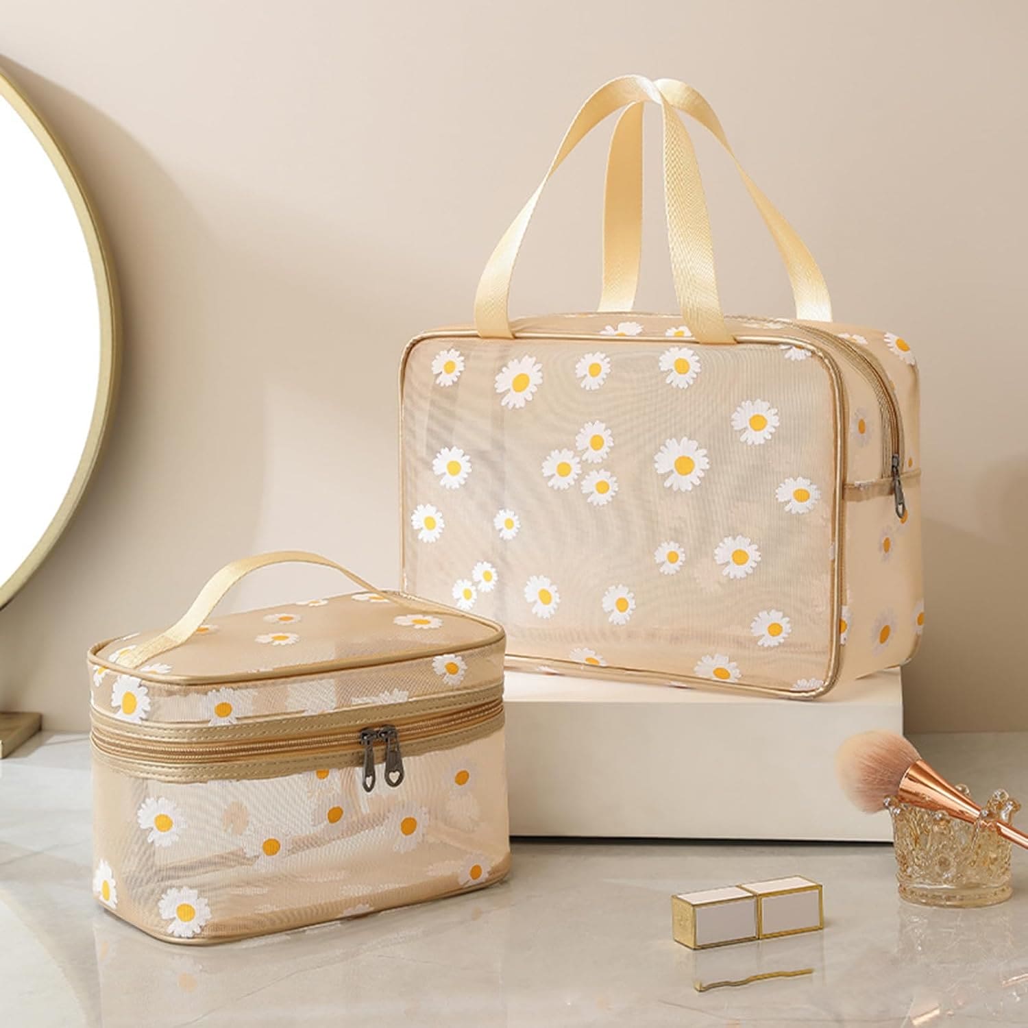 Set Of 2 Daisy Mesh Makeup Bag, Large Capacity Portable Travel Wash Bag, Cute Daisy Pattern Women Zipper Make Up Case, Multipurpose Hot Spring Mesh Bag, Wardrobe Suitcase Pouch