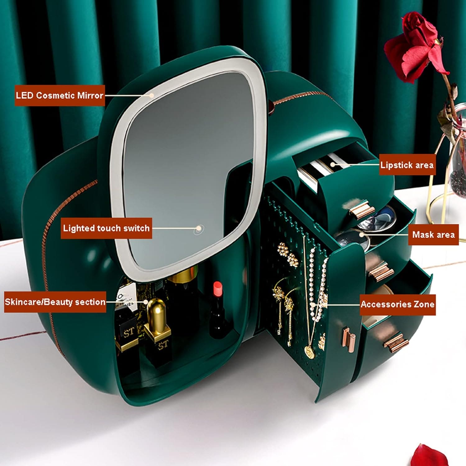 Modern Makeup Organizer Box With Led Mirror, Desktop Cosmetic Storage Box, Cosmetics Storage Display Rack with Drawer, Waterproof Dustproof Makeup Storage Box with Mirror, Makeup Skin Care Box with LED Lighted Mirror for Bathroom Dresser and Vanity