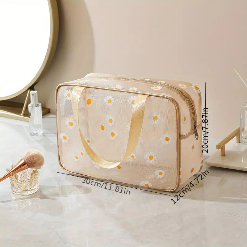 Set Of 2 Daisy Mesh Makeup Bag, Large Capacity Portable Travel Wash Bag, Cute Daisy Pattern Women Zipper Make Up Case, Multipurpose Hot Spring Mesh Bag, Wardrobe Suitcase Pouch