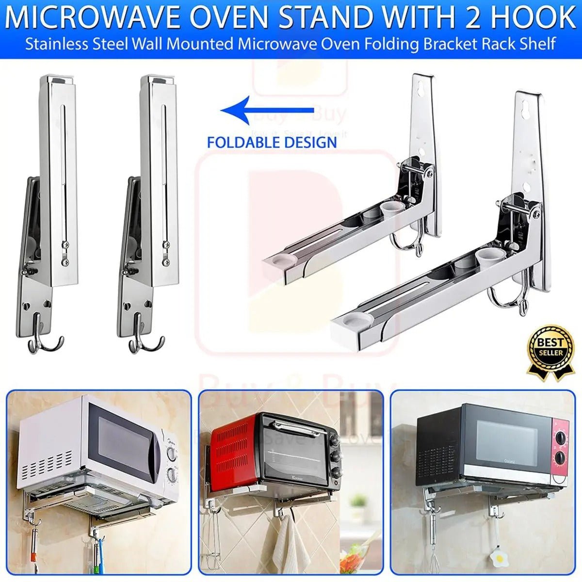 Microwave Oven Stand with 2 Hooks – Kitchen Storage & Organizer