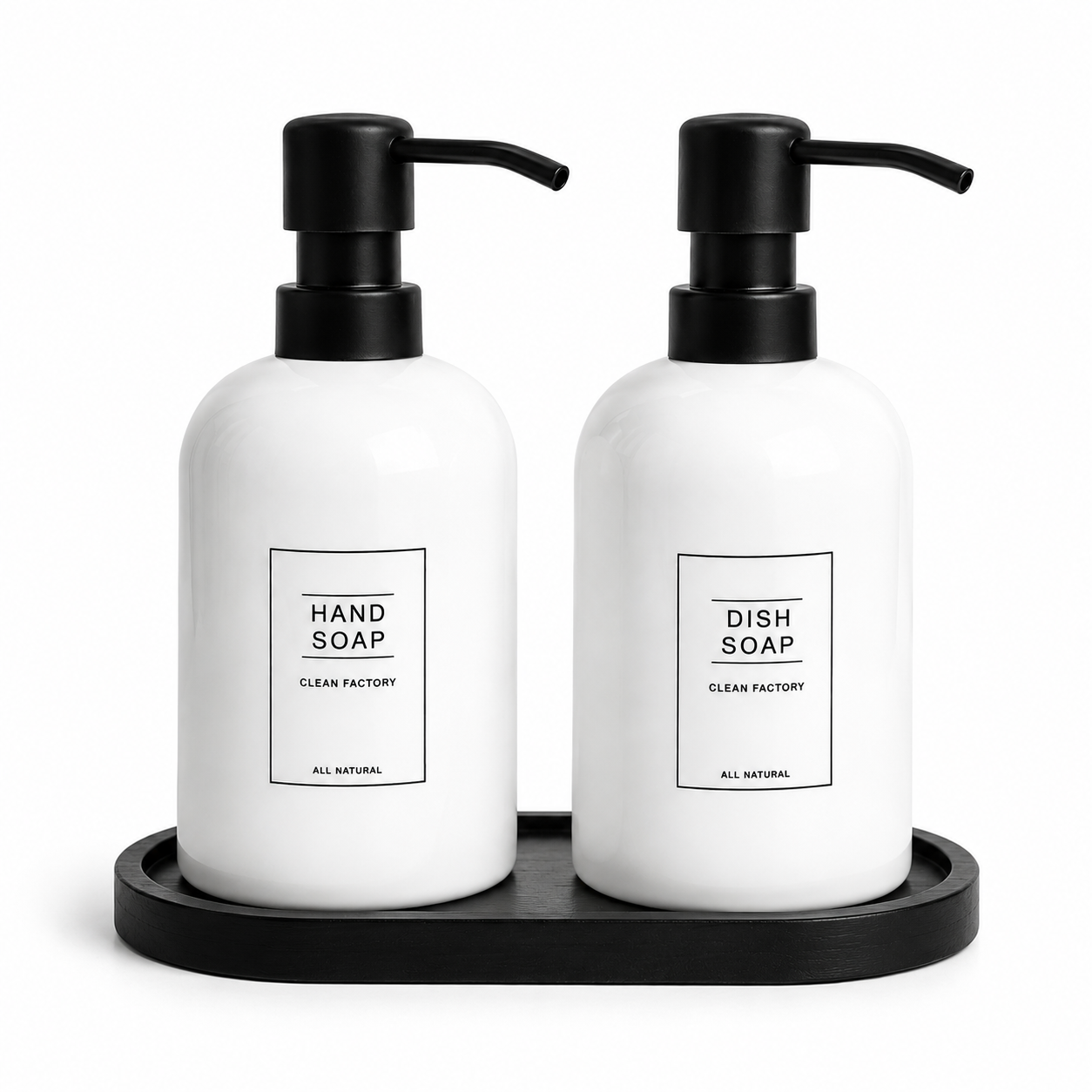 Minimalist Hand & Dish Soap Dispenser Set with Black Tray
