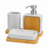Modern Ceramic Bathroom Accessories Set with Bamboo Base | 3 Piece Bathroom Organizer Set