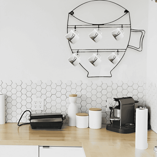 Cup Shape Cup Holder, Wall 6 Hooks Cup Holder, Free Coffee Cups Holder, Wire Cup Hanger Wall Shelf, Wall Mounted Storage Display Organizer Hooks