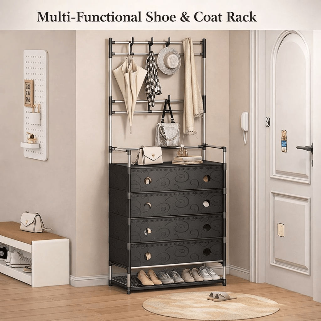 Multi-Purpose Shoe & Coat Rack with Dustproof Cover – Space Saving Storage Organizer
